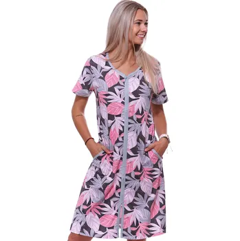 Dámská noční košile Šedý, růžový i černý župan nebo košilka pro ženy či dívky celopropínací na zip s listím 1G0577 šedá m