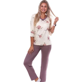 Dámské pyžamo Béžové i hnědé jemné luxusní pyžamo s krajkou pro ženy či dívky a s květiny a 3/4 rukávy 1D1327 hnědá l