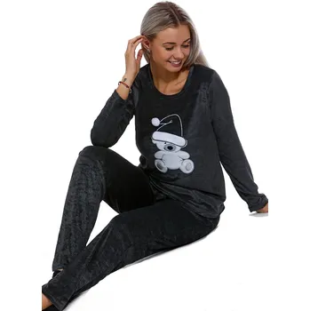 Dámské pyžamo Černo šedé luxusní hřejivé sametové pyžamo pro ženy i dívky VÁNOČNÍ PLYŠOVÝ MÉĎA - velur 1z1638 šedá l