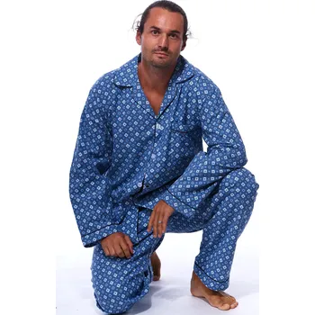 Pánské pyžamo Šedomodré a modře kárované teplé klasické pyžamo pro plnoštíhlé muže z flanelu 1PF0097 modrá 4xl