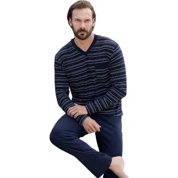 Pánské pyžamo Tmavě modré i šedě pruhované pyžamo pro muže s náprsní kapsou 1P1797 modrá m