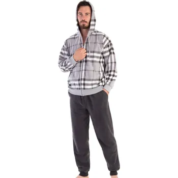 Pánské pyžamo Šedé a bílé kárované HŘEJIVÉ pánské pyžamo s kapucí na zip 1Z1514 šedá xl