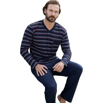 Pánské pyžamo Modré, šedě a vínově pruhované pyžamo pro muže s náprsní kapsou 1P1816 modrá xl