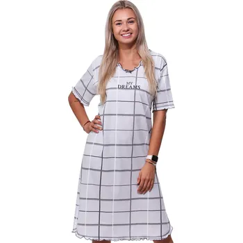 Dámská noční košile Šedá kostkovaná dlouhá noční košilka s krátkými rukávy pro ženy či dívky MY DREAMS 1C3619 šedá 2xl