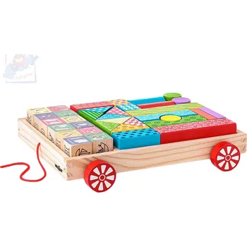 Dřevěná hračka WOODY DŘEVO Vozík tahací stavebnice s kostkami a razítky set 35ks | 528203