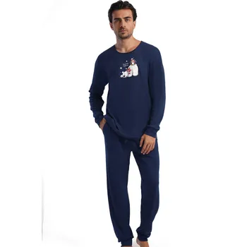 Pánské pyžamo Pyžamo pro muže zimní zoo lední medvěd a tučňák i sníh, modré teplé bavlněné 1P1824 modrá xl