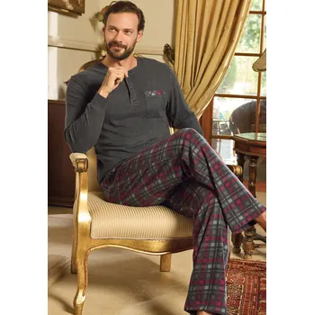 Pánské pyžamo Šedé a vínově kárované termo hřejivé pyžamo s knoflíky u krku pro muže 1P1813 šedá l