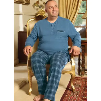 Pánské pyžamo Modré kárované termo hřejivé pyžamo s knoflíky u krku pro plnoštíhlé muže 1P1800 modrá 3xl