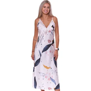 Dámská noční košile Luxusní dlouhá saténová i krajková noční košilka pro ženy či dívky růžová a barevné listí 1E8509 růžová m