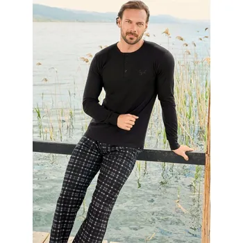 Pánské pyžamo Černé i šedě kárované luxusní jemné pyžamo pro muže s knoflíčky 1P1469 černá m