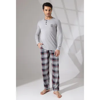 Pánské pyžamo Šedé a vínové kárované pyžamo pro muže na knoflíky u krku s Erbem 1P1757 šedá xl