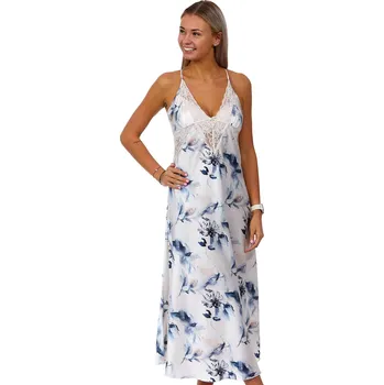 Dámská noční košile Růžová a modrá květovaná luxusní sténová košilka pro ženy v dlouhé délce 1E8488 růžová s