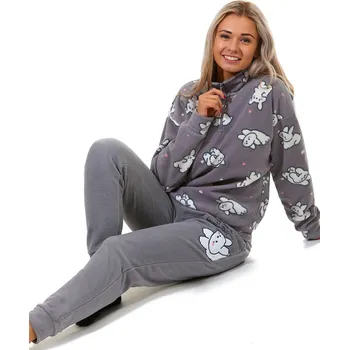 Dámské pyžamo Šedé i bílé luxusní hřejivé dámské pyžamo na zip s ušáčky, králíčky a zajíčky 1Z1553 šedá xl