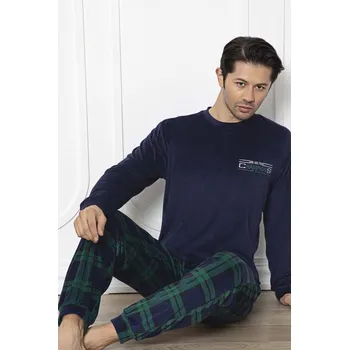 Pánské pyžamo Tmavě modré a zeleně kárované TERMO hřejivé pánské pyžamo Champions 1P1804 modrá l