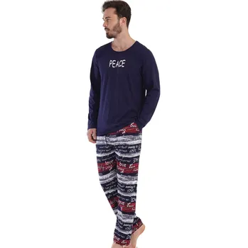 Pánské pyžamo Tmavě modré, bílé, šedé a červené pyžamo pro muže citace a graffiti PEACE 1P1593 modrá s