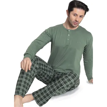 Pánské pyžamo Zelené a černošedě kárované luxusní pyžamo pro muže s knoflíky u krk 1P1790 zelená m