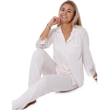 Dámské pyžamo Jemně růžové pyžamo s bílou krajkou elegantní romantické celopropínací na knoflíky pro ženy 1B1873 růžová m