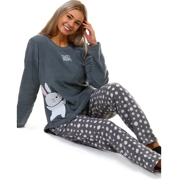 Dámské noční prádlo Šedé i bíle puntíkaté luxusní hřejivé pyžamo pro plnoštíhlé ženy, ušáček, králík, zajíc CUTE 1Z1561 šedá 1xl
