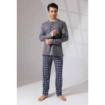 Pánské pyžamo Šedé a modré kárované pyžamo pro muže propínací na knoflíky u krku 1P1745 šedá xl