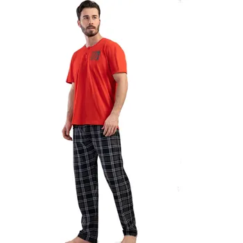 Pánské pyžamo Červené i černo šedé kárované pyžamo pro muže s knoflíky INDIÁN 1P1542 červená s