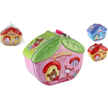 Pokladnička Teddies Pokladnička domeček plechová se zámkem 16x8cm 3 barvy v sáčku