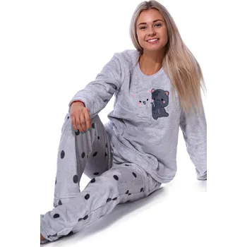 Dámské noční prádlo Šedé puntíkaté extra teplé huňaté pyžamo na zimu pro ženy zamilované kočičky 1Z1674 šedá xl