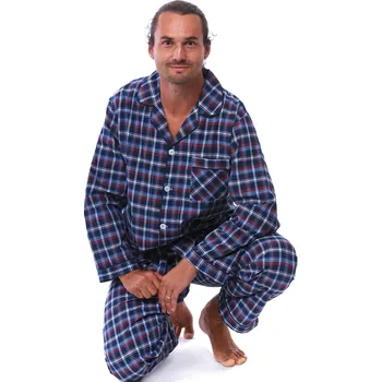 Pánské pyžamo Modré, šedé a vínově karované klasické bavlněné pyžamo pro muže celopropínací a i s poklopcem 1PF0082 modrá m