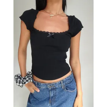Dámská halenka Tričko s hranatým výstřihem a mašlí Barva: Černá, Velikost: S