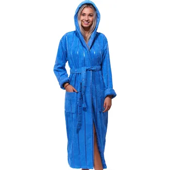 Dámský župan Modrý pruhovaný dlouhý župan s kapucí do porodnice na kojení z extra foroté 1ZF3068 modrá xxl