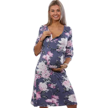 Dámská noční košile Fialová luxusní jemná těhotenská i kojící košilka s 3/4 rukávem na zip RŮŽOVÉ PIVOŇKY 1D1296 fialová s