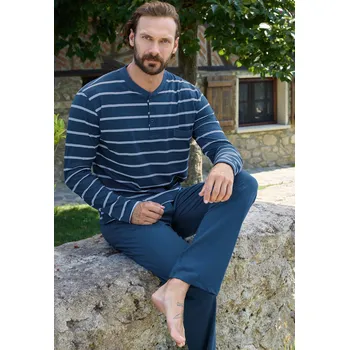 Pánské pyžamo Modré pruhované pyžamo pro muže s propínaním u krku na knoflíky a s náprsní kapsou 1P1798 modrá l