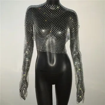 Dámské tričko Síťovaný třpytivý top s dlouhým rukávem Barva: Stříbrná, Velikost: S