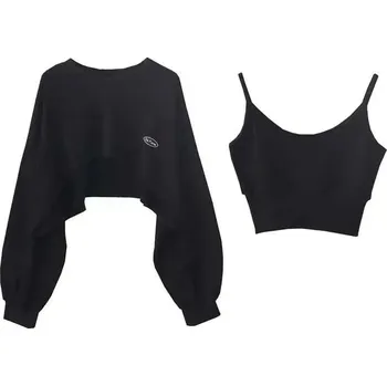 Dámský set svetr crop s dlouhým rukávem a tílko Barva: Černá, Velikost: M