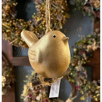 KERAMICKÝ ZÁVĚSNÝ PTÁČEK ZLATÝ 11 CM (Keramická závěsná dekorace s ptáčkem)