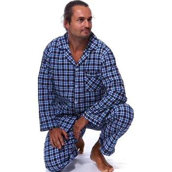 Modře kostkované klasické bavlněné pyžamo pro muže celopropínací a i s poklopcem 1PF0089 modrá xl