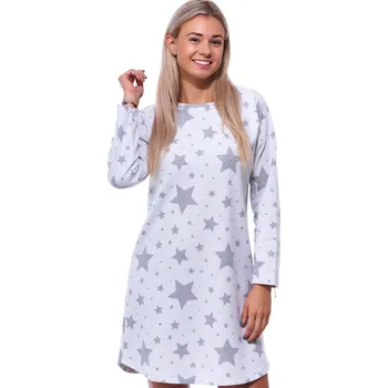 Dámské noční prádlo Šedá bavlněná teplá noční košilka s dlouhými rukávy pro plnoštíhlé ženy či dívky vzor hvězdičky 1TB0042 vzorovaná 1XL
