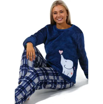 Dámské pyžamo Modrá i šedě károvaná extra teplá souprava na zimu pro ženy, zamilovaný slon 1Z1482 modrá xl