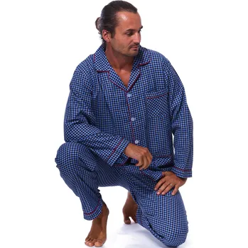 Pánské pyžamo Modrá a šedě kostičkované klasické bavlněné pyžamo pro muže celopropínací a i s poklopcem 1PF0081 modrá m