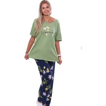 Dámské noční prádlo Zelené i modré pyžamo pro plnoštíhlé ženy či dívky se žlutými a růžovými květinami 5XL-7XL 1B1945 zelená 5xl