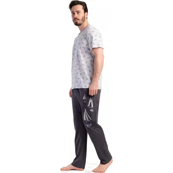 Pánské pyžamo Šedé pyžamo pro plnoštíhlé muže se vzorem a obrázky plachetnic 1P1670 šedá 5xl