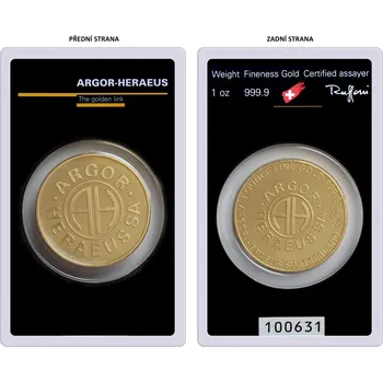 Sběratelství Argor Heraeus zlatý slitek 1oz Roundbar SA Švýcarsko Investiční zlatý slitek
