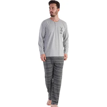 Pánské pyžamo Šedé pyžamo s knoflíky, norsykým vzorem a jelenem, pro plnoštíhlé muže big 1P1560 šedá 3xl