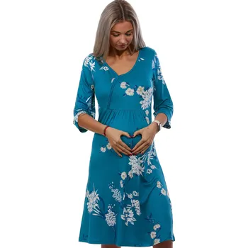 Dámská noční košile Azurová luxusní jemná těhotenská i kojící košilka s 3/4 rukávem na zip a šedé květy 1D1289 modrá l