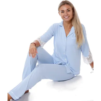 Dámské pyžamo Nebesky modré pyžamo s bílou krajkou elegantní romantické celopropínací na knoflíky pro ženy 1B1865 modrá s