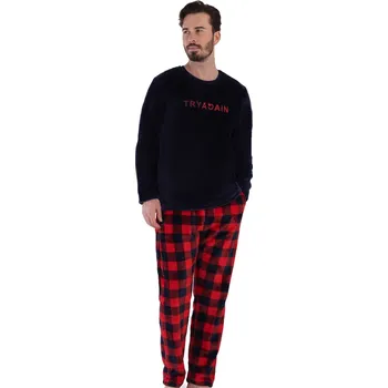 Pánské pyžamo Tmavě modré i červené kárované pánské pyžamo huňaté extra teplé, TRY AGAIN 1Z1567 modrá xl