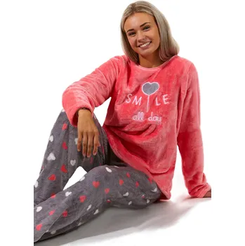 Dámské pyžamo Jahodová i šedá srdíčková extra teplá souprava na zimu pro plnoštíhlou ženy SMILE all day, big 1Z1490 červená 3xl