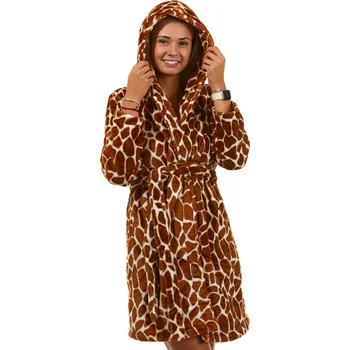 Dámský župan Hnědý huňatý župan s kapucí pro ženy či dívky žirafí vzor 1Z1480 hnědá xl