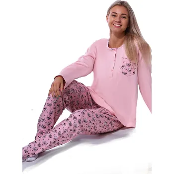 Dámské pyžamo Růžové a vínově květinové TEPLÉ bavlněné pyžamo pro plnošíhlé ženy či dívky na knoflíky u krku 1B2112 růžová 3xl