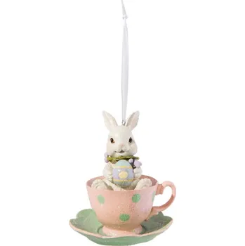 Vánoční ozdoba Závěsná velikonoční dekorace králíček v šálku – 9x11 cm