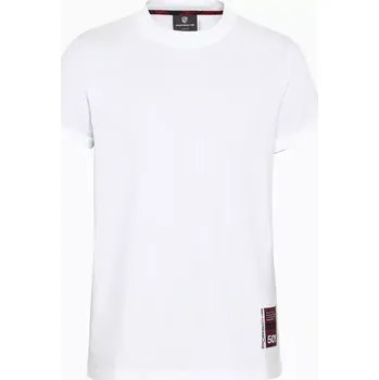PORSCHE DESIGN Unisex T-shirt Turbo No. 1 Tričko s výstřihem ke krku bílá s nápisy a kostkovanými detaily (Stylové unisex tričko s nápisem Porsche.)